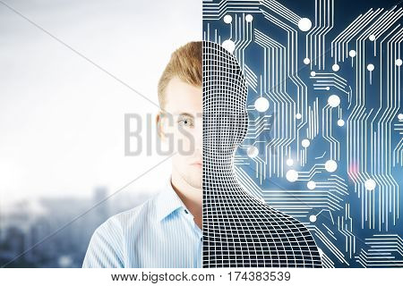 Abstract half man half grid creature on abstract tech city background. Modern robotics concept