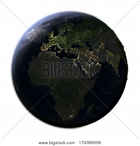 Emea Region On Earth At Night Isolated On White