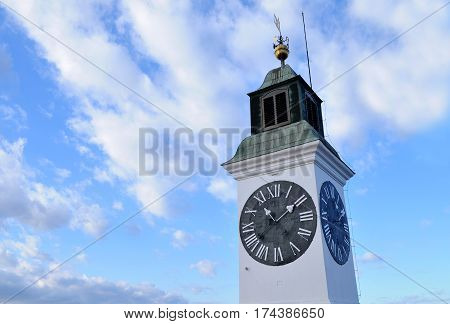 View over the beautiful winter day in the tower with a clock at Petrovaradin fortress near Novi Sad, Serbia