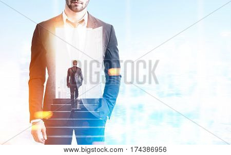 Double exposure of a businessman climbing the stairs inside a bearded man standing in a blue office. 3d rendering double exposure mock up toned image