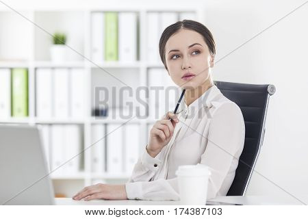 Businesswoman Working On Laptop With Pen