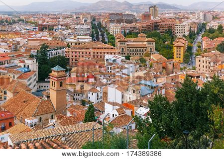 View from the observation deck Mirador de la Lona of the old town and the roof of Granada, Andalusia, Spain