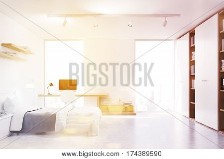 White Walled Bedroom With Study Corner, Toned