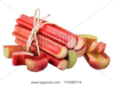 Rhubarb slice cut piece isolated on white. Fresh sour rhubarb vegetable on white background