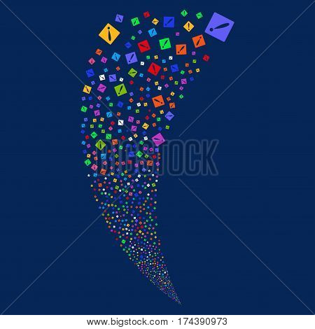 Problem random fireworks stream. Vector illustration style is flat bright multicolored iconic symbols on a blue background. Object fountain combined from scattered design elements.