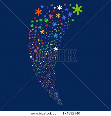 Snowflake random fireworks stream. Vector illustration style is flat bright multicolored iconic symbols on a blue background. Object fountain constructed from scattered design elements.