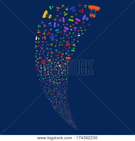 Soldier random fireworks stream. Vector illustration style is flat bright multicolored iconic symbols on a blue background. Object fountain done from scattered icons.