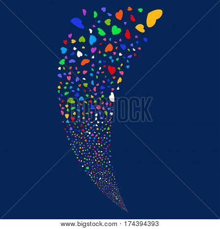 Valentine Petals random fireworks stream. Vector illustration style is flat bright multicolored iconic symbols on a blue background. Object fountain done from scattered pictographs.