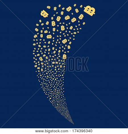Baht random fireworks stream. Vector illustration style is flat yellow iconic symbols on a blue background. Object fountain constructed from scattered symbols.