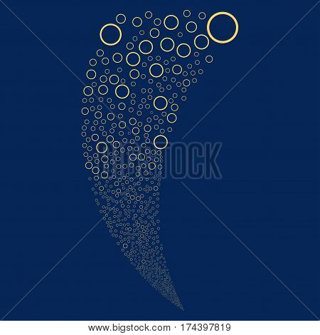 Circle Bubble random fireworks stream. Vector illustration style is flat yellow iconic symbols on a blue background. Object fountain combined from scattered pictograms.
