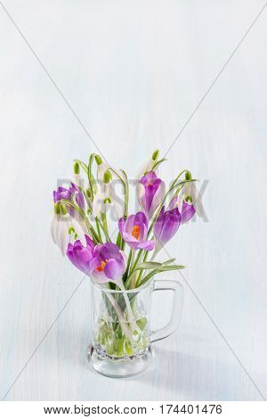 Bouquet of snowdrops and crocuses on a rustic background