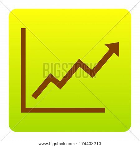 Growing bars graphic sign. Vector. Brown icon at green-yellow gradient square with rounded corners on white background. Isolated.