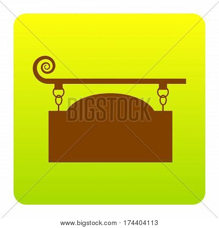 Wrought iron sign for old-fashioned design. Vector. Brown icon at green-yellow gradient square with rounded corners on white background. Isolated.