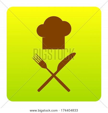 Chef with knife and fork sign. Vector. Brown icon at green-yellow gradient square with rounded corners on white background. Isolated.
