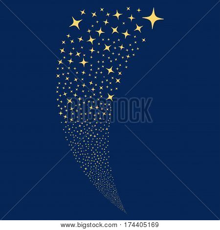 Space Star random fireworks stream. Vector illustration style is flat yellow iconic symbols on a blue background. Object fountain made from scattered pictographs.