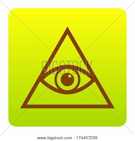 All seeing eye pyramid symbol. Freemason and spiritual. Vector. Brown icon at green-yellow gradient square with rounded corners on white background. Isolated.