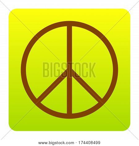 Peace sign illustration. Vector. Brown icon at green-yellow gradient square with rounded corners on white background. Isolated.