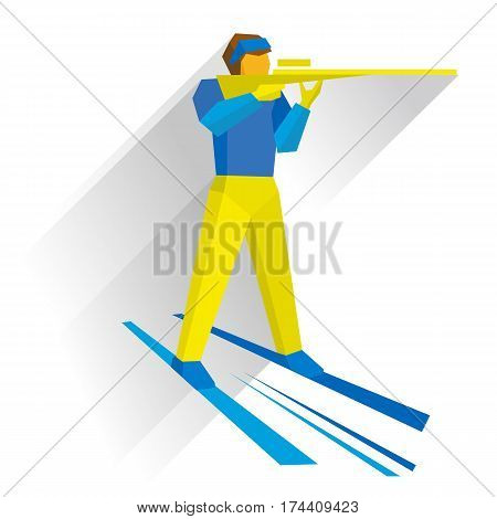 Biathlon. Cartoon Biathlete Shoots A Rifle Standing On Skis
