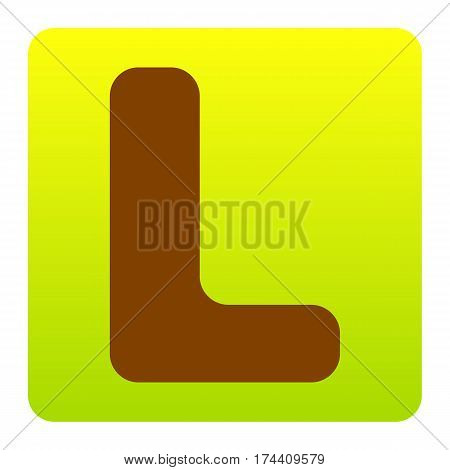 Letter L sign design template element. Vector. Brown icon at green-yellow gradient square with rounded corners on white background. Isolated.