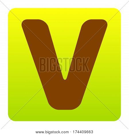 Letter V sign design template element. Vector. Brown icon at green-yellow gradient square with rounded corners on white background. Isolated.
