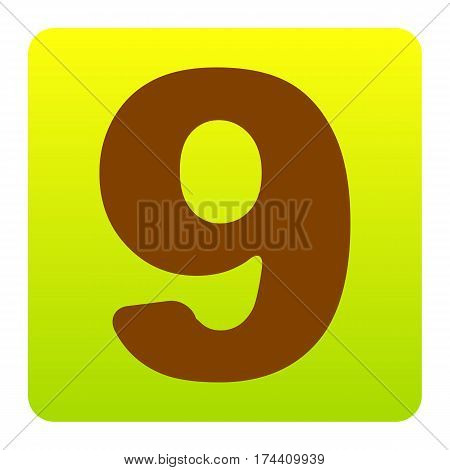 Number 9 sign design template element. Vector. Brown icon at green-yellow gradient square with rounded corners on white background. Isolated.