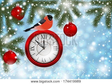 Illustration of Christmas or New Year decoration with bullfinch bird clock balls fir tree branches and snowflake background