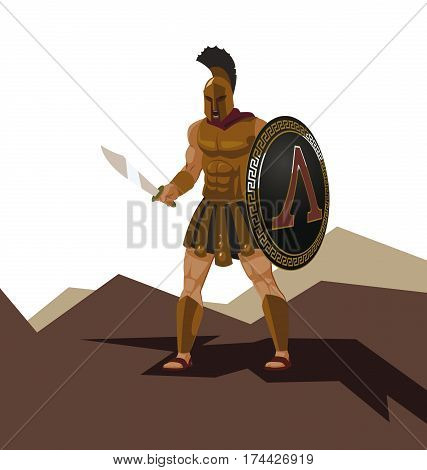 Angry spartan warrior with armor and hoplite shield holding a sword. Vector illustration