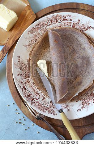 Cuisine French regions: breton buckwheat crepes. Top view