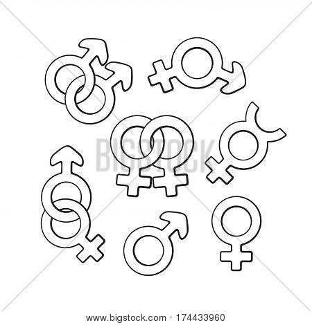Vector illustration. Hand drawn doodle set of gender symbols. Gender pictograms. Cartoon sketch. Decoration for greeting cards posters emblems wallpaper