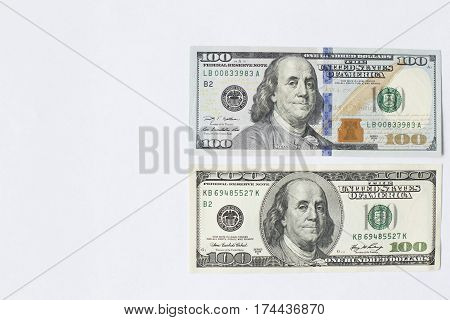 Old and new banknotes of dollars. Top view