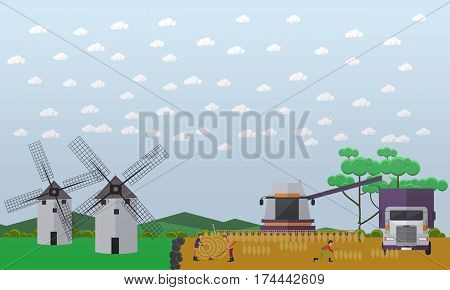 Vector illustration of people and agricultural machinery working on field. Two mills, combine harvester, truck, round bales of hay. Wheat harvesting concept design element in flat style