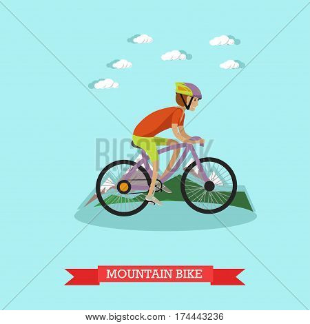 Vector illustration of boy riding mountain bike. Sport all terrain bicycle concept design element in flat style.