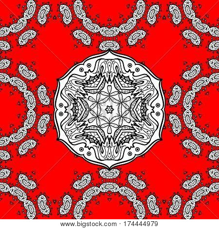 Damask Seamless Ornament. Traditional Vector And White Pattern. Classic Oriental Pattern Over Red Ba