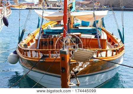 old wooden rudder in a sailboat details