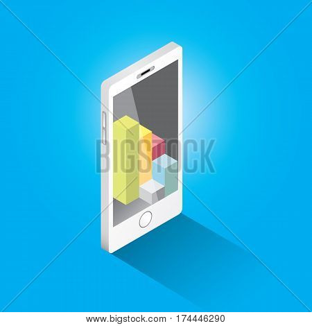 Vector isometric Smartphone with graph and charts on screen isolated on blue background. Mobile analytics or big data concept icon. Mobile infographic design template.