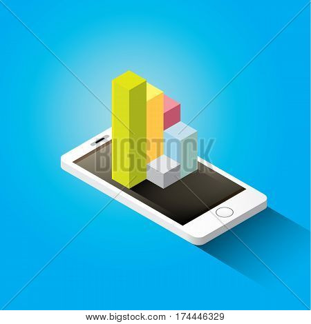 Vector isometric Smartphone with graph and charts on screen isolated on blue background. Mobile analytics or big data concept icon. Mobile infographic design template.
