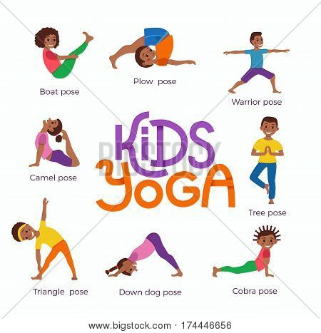 Vector concept happy African kids exercise poses and yoga asana for fitness design with cute logo. Cute cartoon gymnastics for children and healthy lifestyle sport illustration.