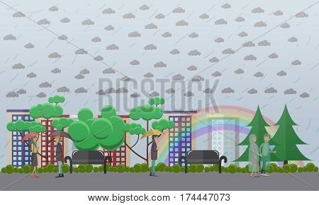 Wet, rainy weather concept vector illustration. People walking in the rain in raincoats and with umbrellas, rainbow. Flat style design.