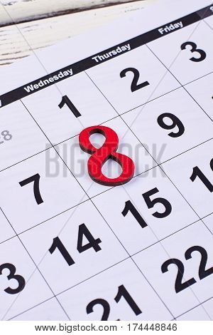 Numeral 8 and calendar. International Women's day.