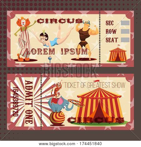 Circus show horizontal tickets front and back side vector templates in vintage style with sample text on dark textured background