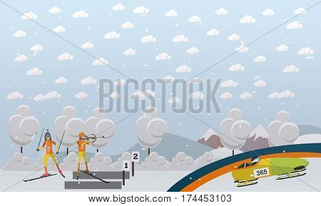 Winter sports concept vector illustration. Bobsleigh, biathlon, sports competition and people competing flat style design elements.