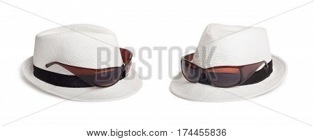 Sunglasses And A White Summer Hat On An Isolated Background