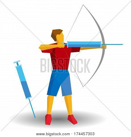 Archer In Blue And Red Shooting A Syringe. Medicine In Sport, Doping.