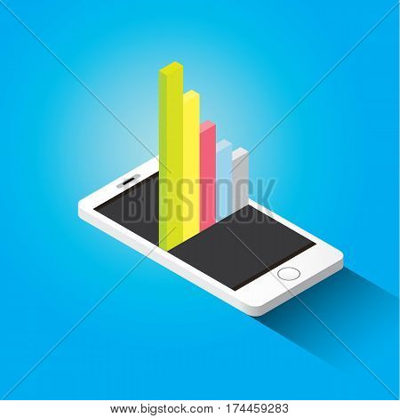Vector isometric Smartphone with graph and charts on screen isolated on blue background. Mobile analytics or big data concept icon. Mobile infographic design template.