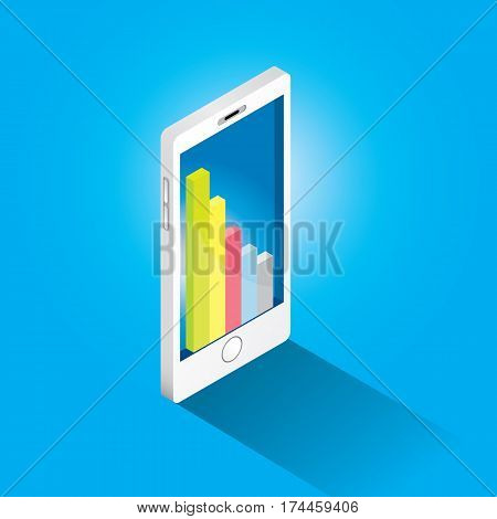 Vector isometric Smartphone with graph and charts on screen isolated on blue background. Mobile analytics or big data concept icon. Mobile infographic design template.