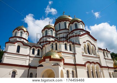 New Athos monastery of St. Simon the Canaanite monastery in the sunshine. New Athos, Abkhazia.