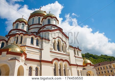 New Athos monastery of St. Simon the Canaanite monastery in the sunshine. New Athos, Abkhazia.