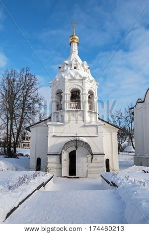 White Temple of the Great Martyr Paraskeva in Sergiev Posad in winter, Russia