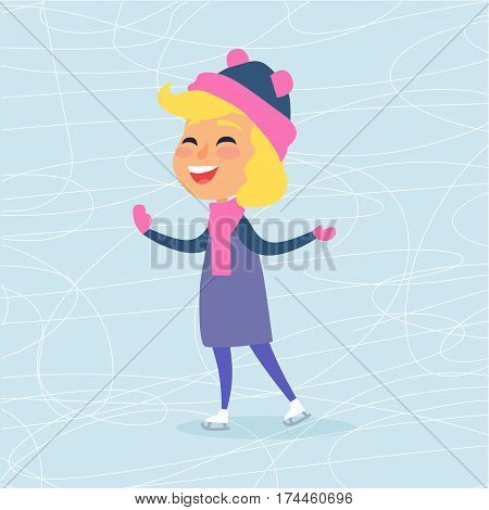 Cartoon smiling girl on icerink in flat design. Christmas entertainment in city in winter time. Vector illustration of happy female person in pink hat, scarf and mittens spending New Year holidays