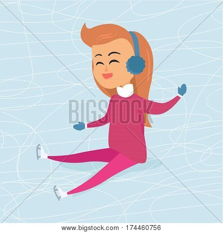 Cartoon smiling girl in blue headphones and mittens is sitting on cold icerink. Christmas entertainments in city. Vector illustration of happy female person spending winter holidays outdoors.